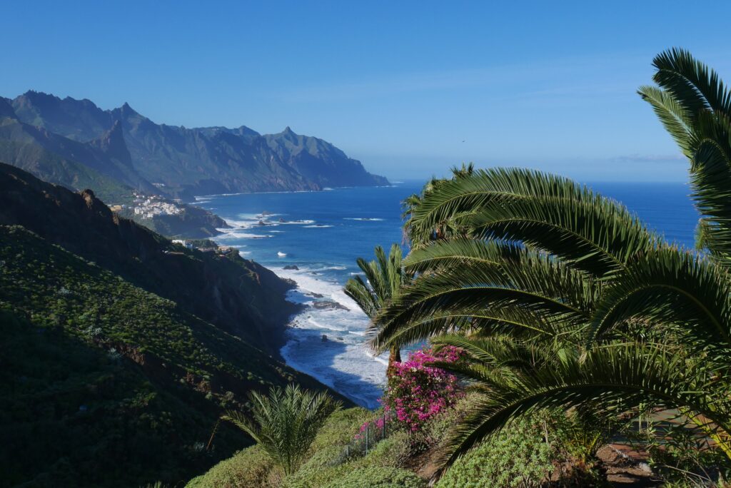 Littoral rocheux de Tenerife face à l’océan Atlantique, avec les montagnes en arrière-plan